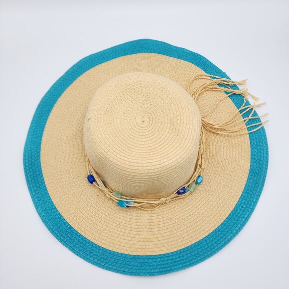 Panama Jack Floppy Straw Sun Hat Turquoise Rim Decorative Rocks Braid Packable - Picture 1 of 13